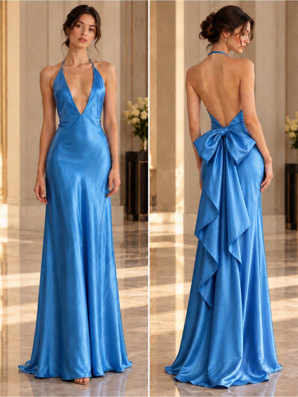 Misha V-Neck Halter with Big Bow Detail Maxi Dress in Bright Blue/Yellow Size S